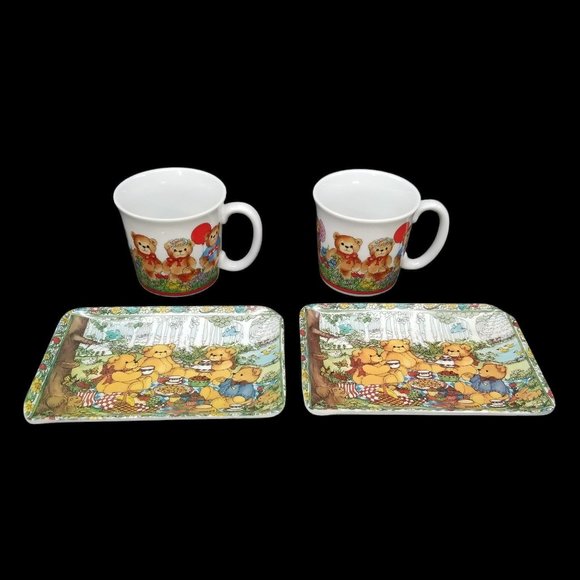Vtg Lucy Rigg Lucy and Me Bear Plates with 2 Coffee Cups Mugs Made in Italy - Picture 1 of 13